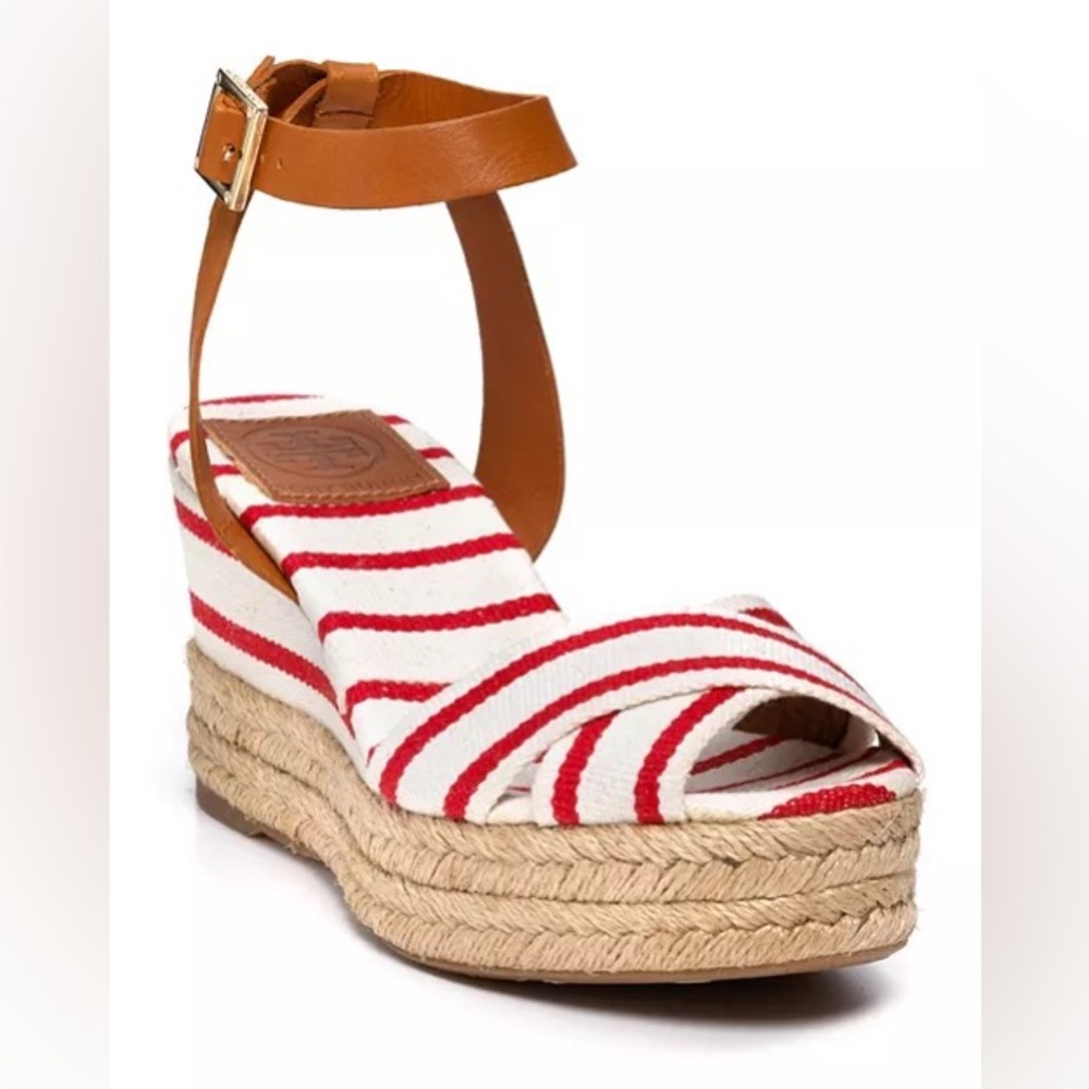 Tory Burch Red and White Wedges with Tan Strap